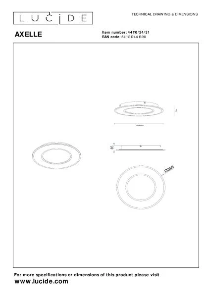 Lucide AXELLE - Plafonnier - Ø 39,6 cm - LED 3 StepDim - 1x24W 2700K - Blanc - technique